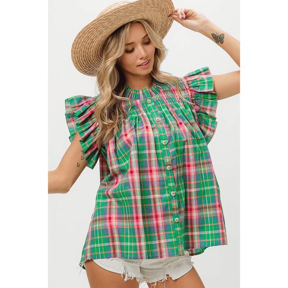 BiBi Plaid Check Flutter Button Up With Smocked Yoke in Green and Pink - Picture 1 of 4